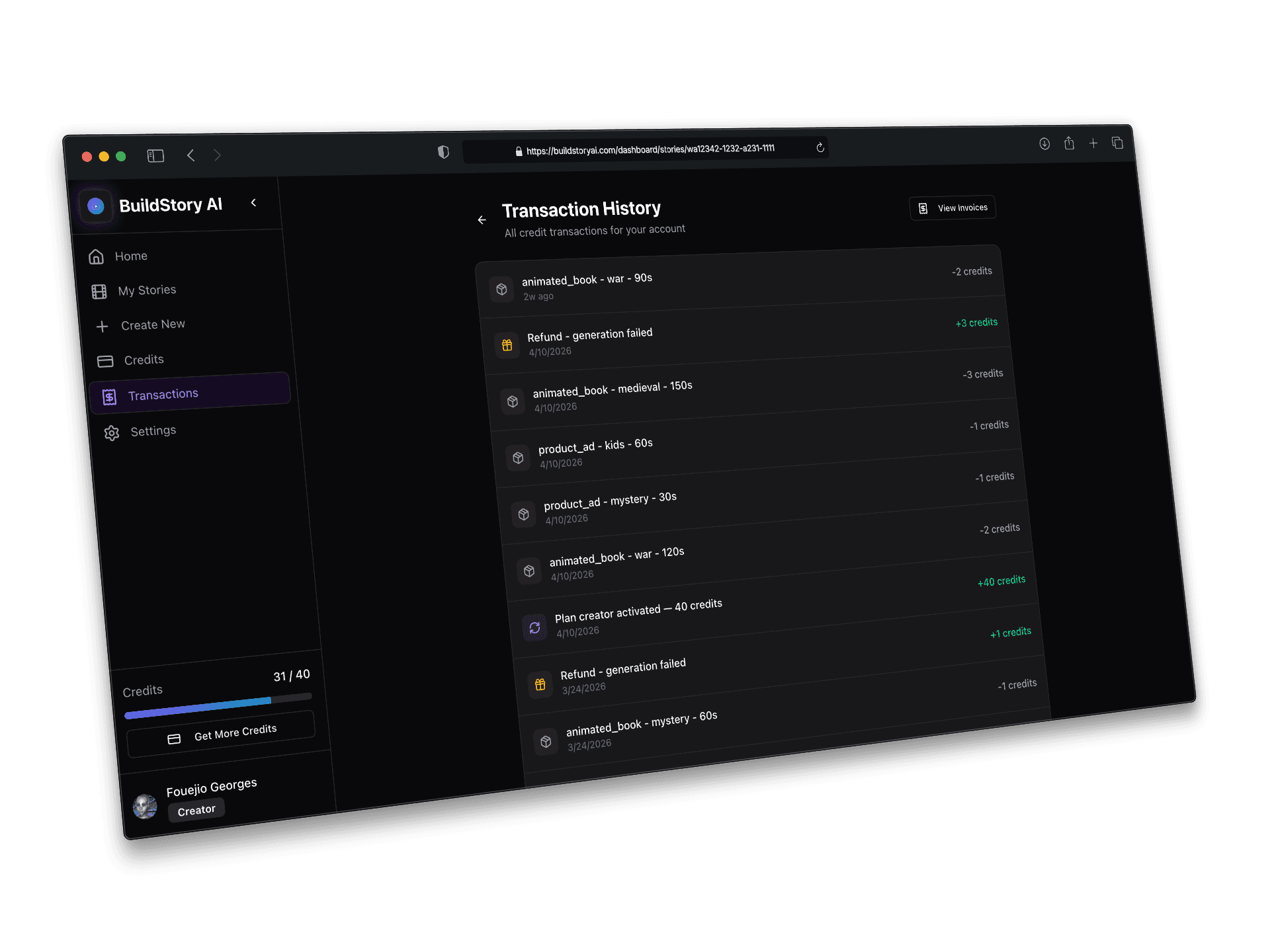 BuildStory AI Transaction History